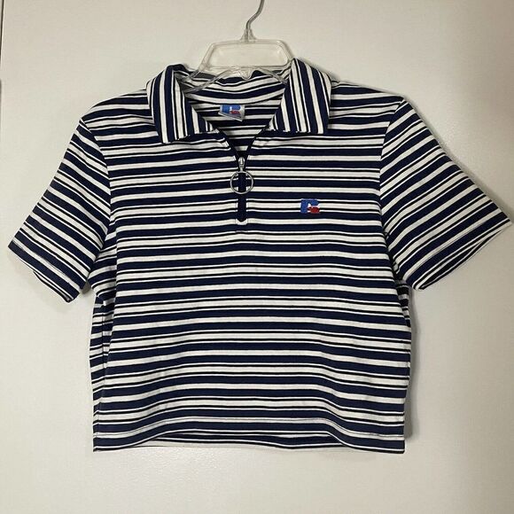 Russell Athletics striped blue crop top half zip polo top size Medium - Picture 1 of 5